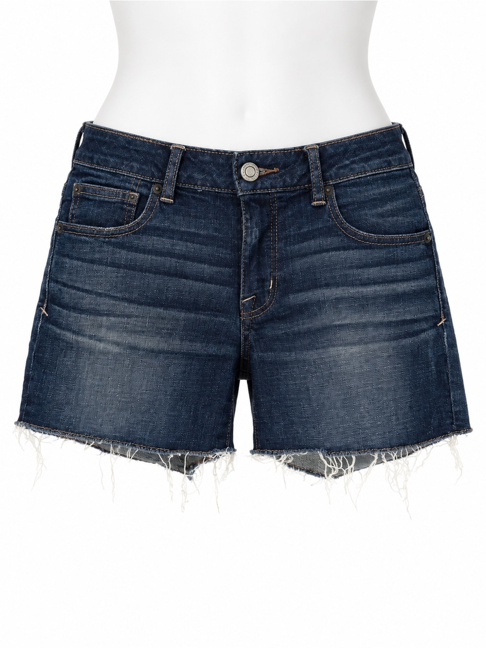 Size 6 American Eagle Women’s Dark Blue Super Stretch Raw Hem Denim Cutoff Short